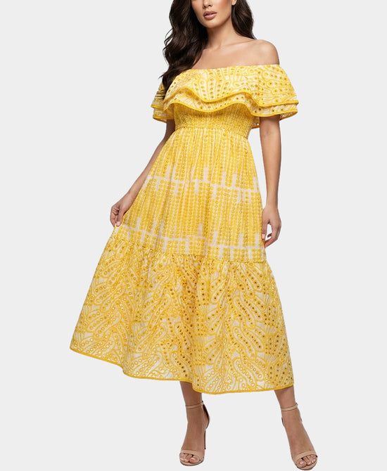 
Eyelet Off The Shoulder Midi Dress in YELLOW/WHITE view 1
