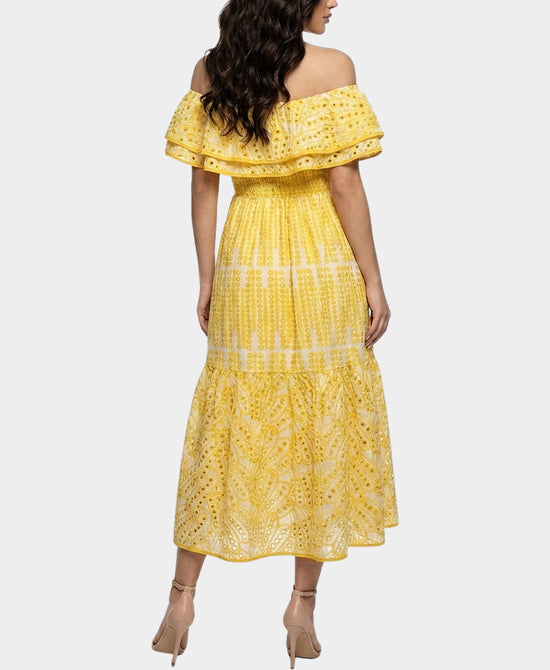 
Eyelet Off The Shoulder Midi Dress in YELLOW/WHITE view 2