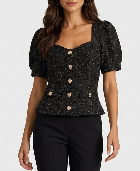 
Tweed Puff Sleeve Top in BLACK view 1