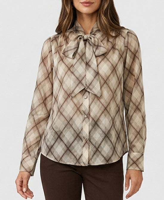 
Plaid Blouse w/ Front Tie in BEIGE/BROWN view 1