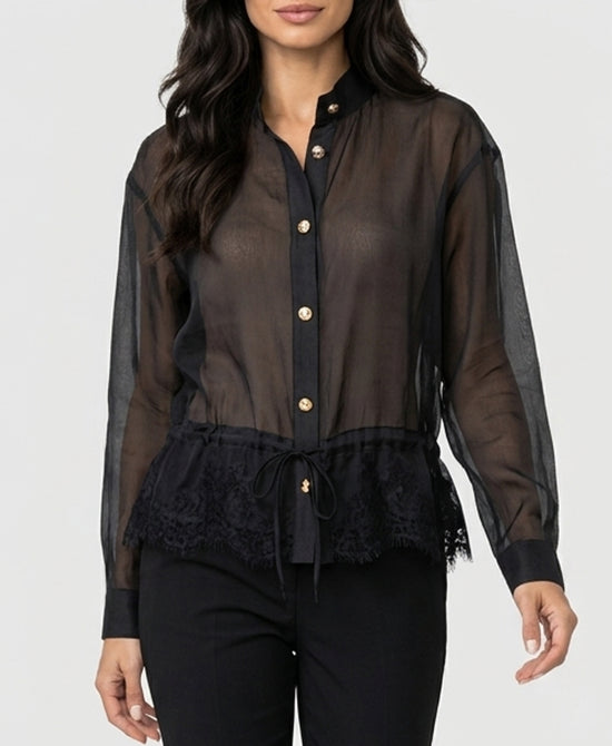 
Sheer Blouse w/ Lace Trim in BLACK view 1