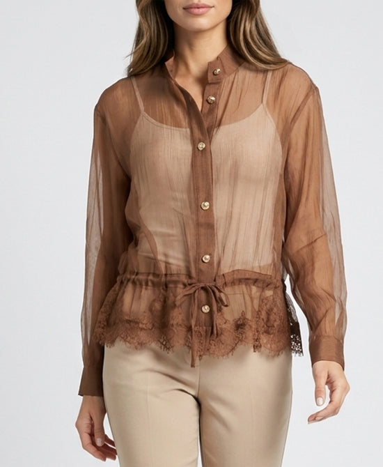 
Sheer Blouse w/ Lace Trim in BROWN view 1