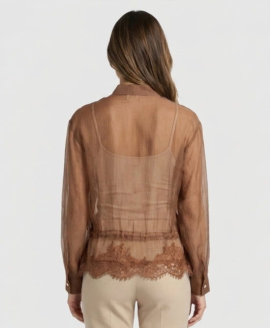 
Sheer Blouse w/ Lace Trim in BROWN view 2