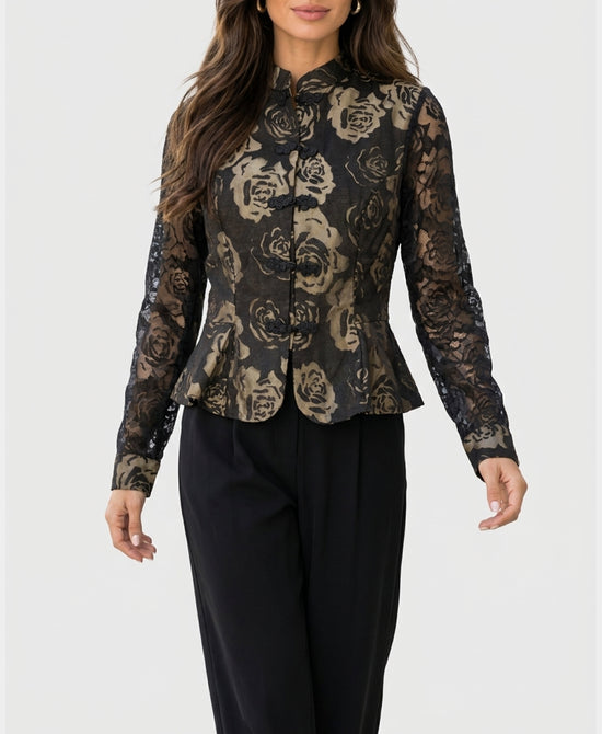 
Flocked Frog Button Blouse in BLACK/BEIGE view 1