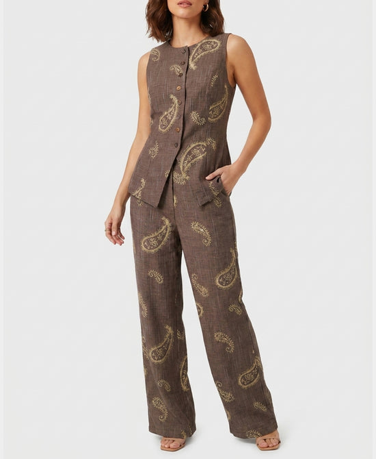
Paisley Embroidered Vest Top & Wide Leg Pants - 2 Pc Set in BROWN MULTI view 1