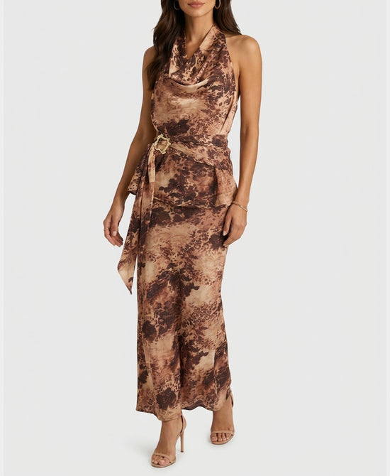 
Printed Halter Top & Skirt - 2 Pc Set in BROWN MULTI view 1