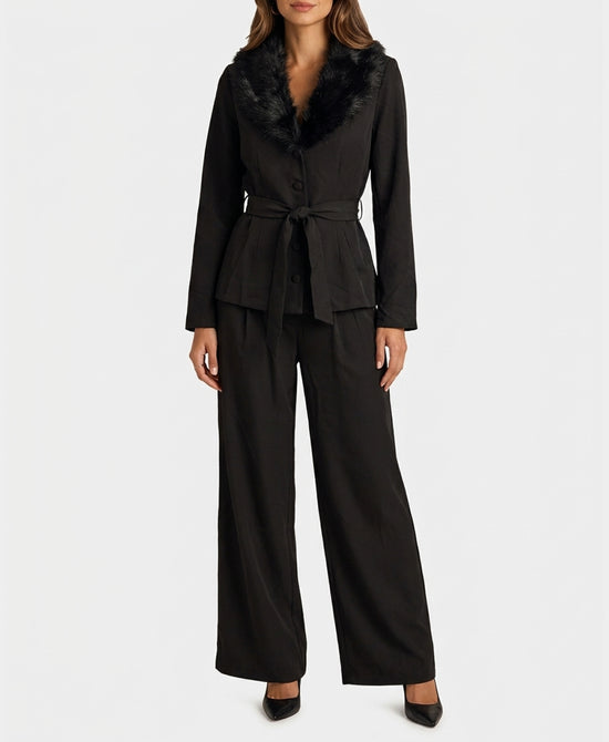 
Faux Fur Trim Blazer & Pants Set- 2 Pc Set in BLACK view 1