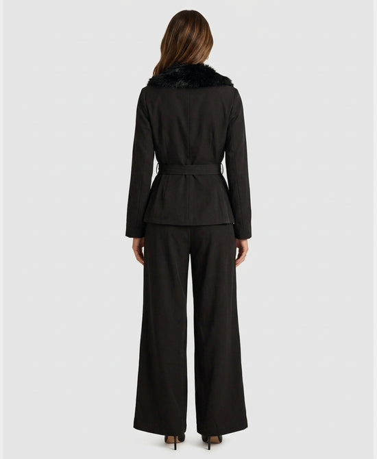 
Faux Fur Trim Blazer & Pants Set- 2 Pc Set in BLACK view 2