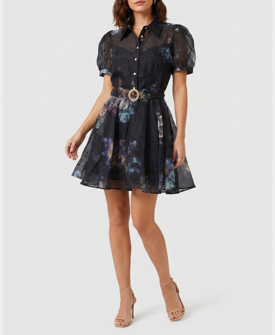 
Printed Dress w/ Puff Sleeves in BLACK MULTI view 1