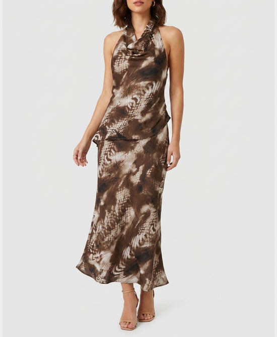 
Satin Printed Halter Top & Maxi Skirt - 2 Pc Set in BROWN MULTI view 1