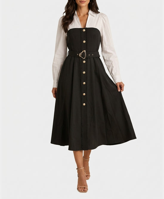
Midi Dress w/ Shirt Trim in BLACK/WHITE view 1