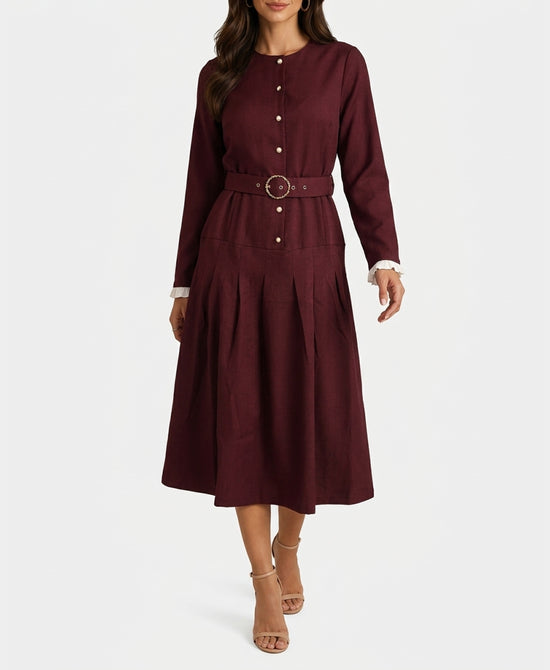
Midi Dress w/ Shirt Trim Sleeves in BURGUNDY view 1