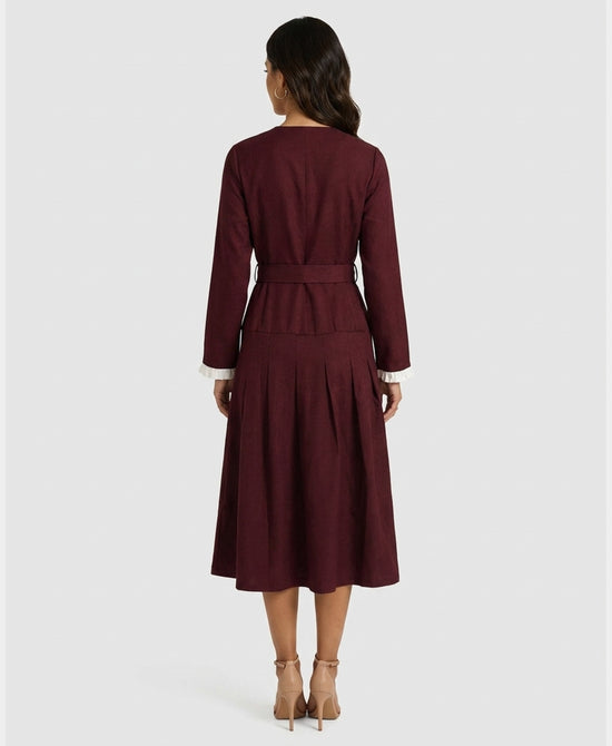 
Midi Dress w/ Shirt Trim Sleeves in BURGUNDY view 2