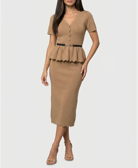 
Knit Peplum Dress w/ Belt in BEIGE view 1