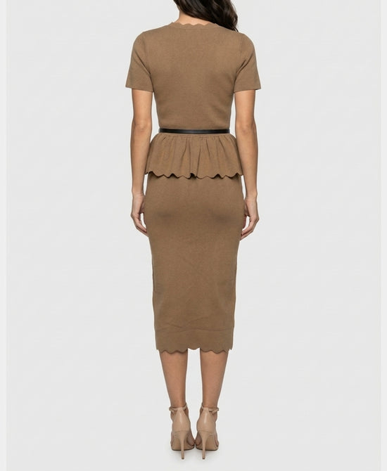 
Knit Peplum Dress w/ Belt in BEIGE view 2