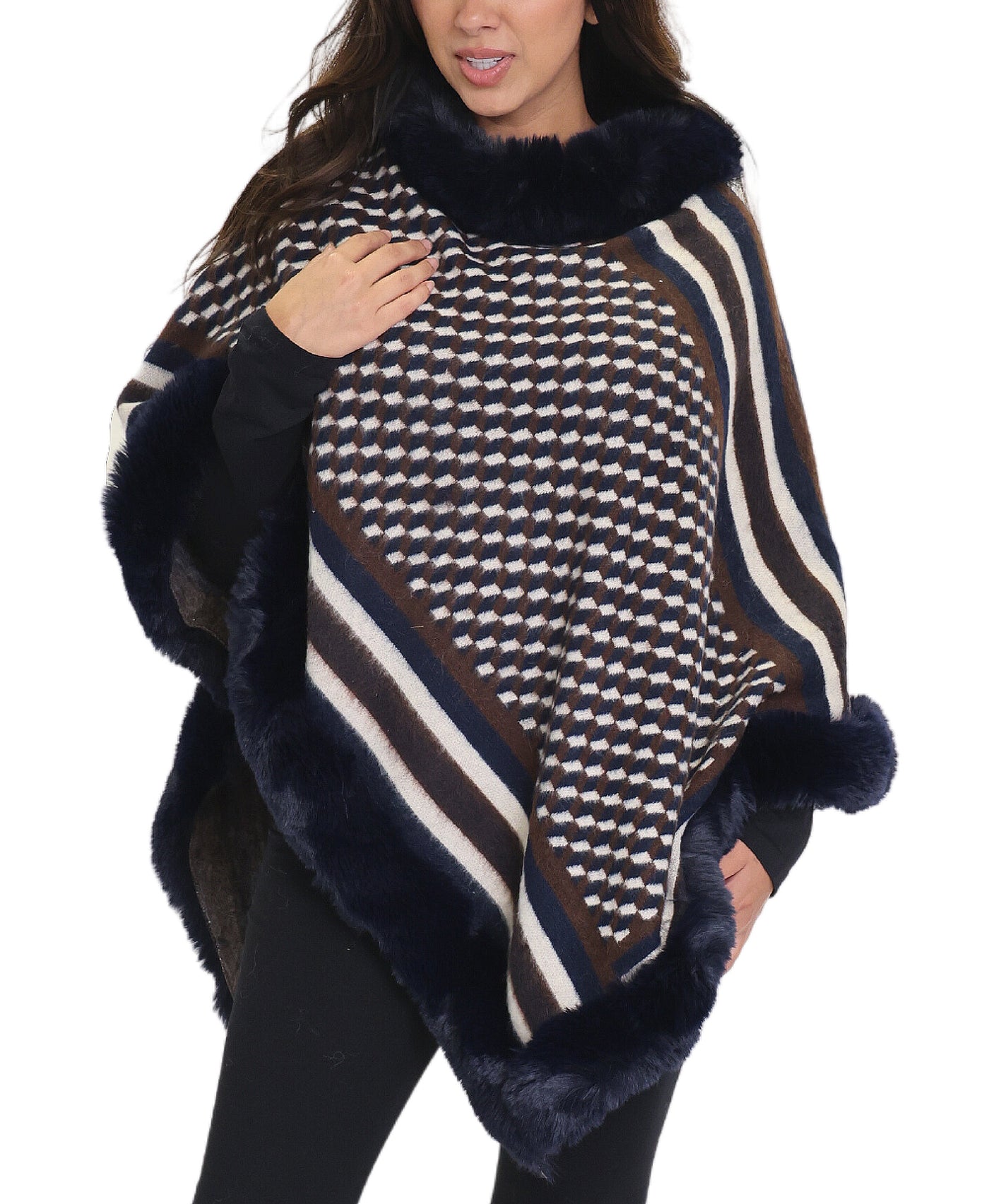 Multi Print Poncho w/ Faux Fur Trim image 1