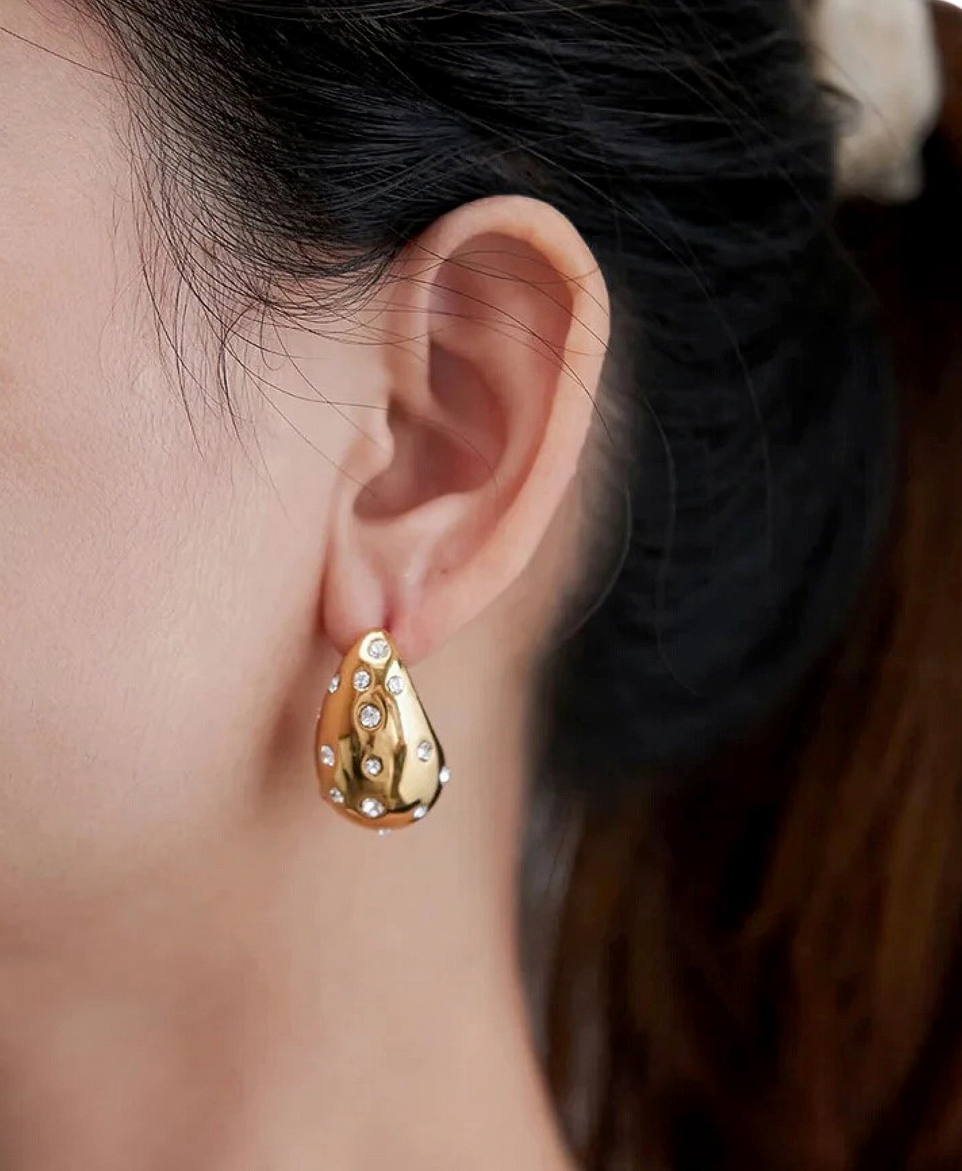 Polished Teardrop Earrings w/ Rhinestones & Pearls image 1