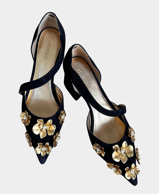 
Suede Pump w/ 3D Gold Flowers in BLACK view 2
