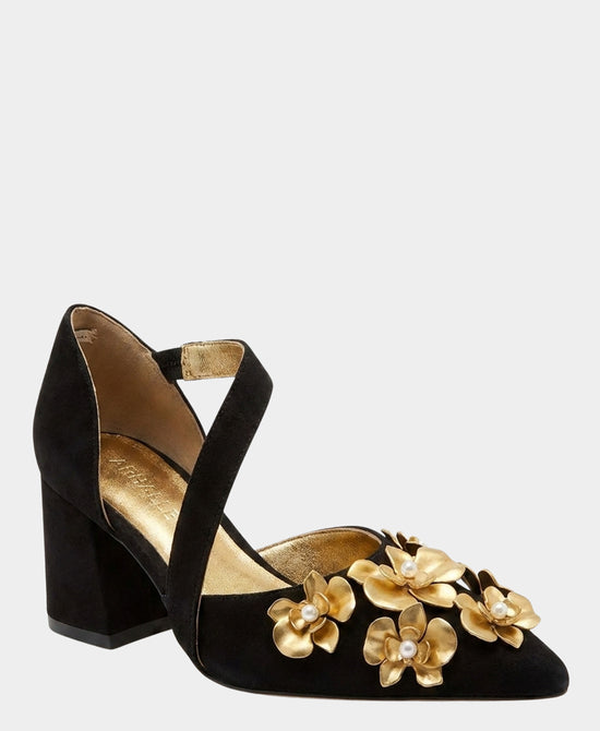 
Suede Pump w/ 3D Gold Flowers in BLACK view 1
