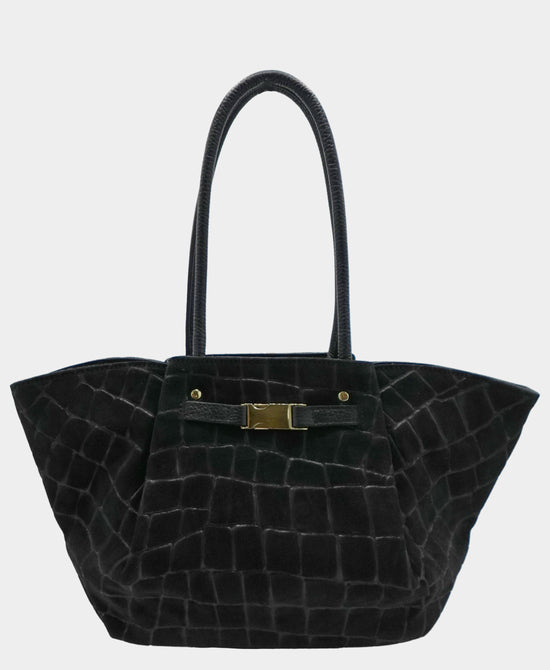 
Leather Croc Embossed Suede Satchel Bag in BLACK view 1