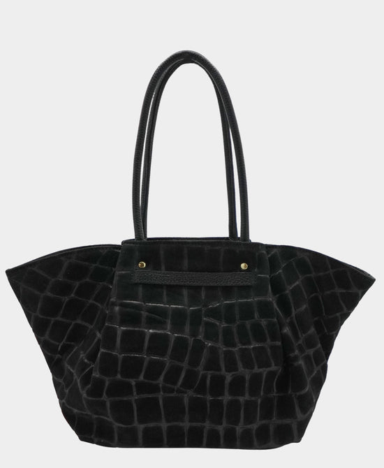 
Leather Croc Embossed Suede Satchel Bag in BLACK view 2