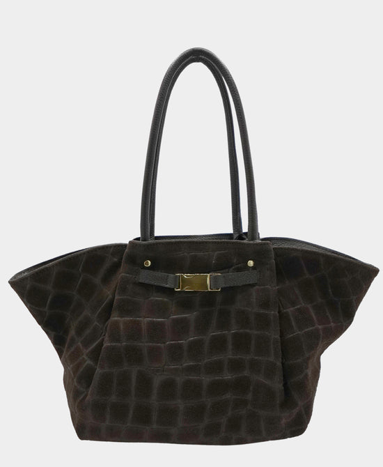 
Leather Croc Embossed Suede Satchel Bag in ESPRESSO view 1