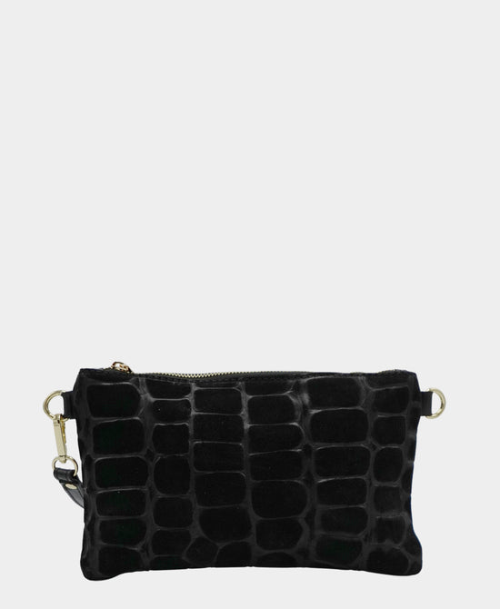 
Leather Croc Embossed Suede Wristlet in BLACK view 1