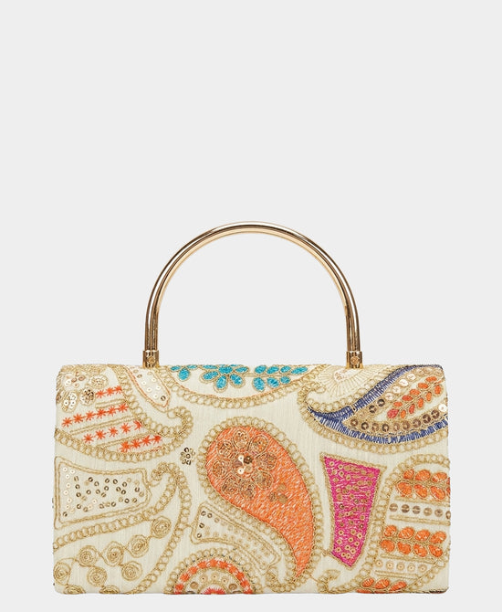 
Embroidered Paisley Print Handbag w/ Sequins in BEIGE MULTI view 2