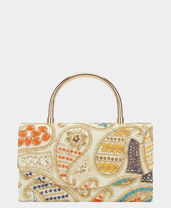 
Embroidered Paisley Print Handbag w/ Sequins in BEIGE MULTI view 1