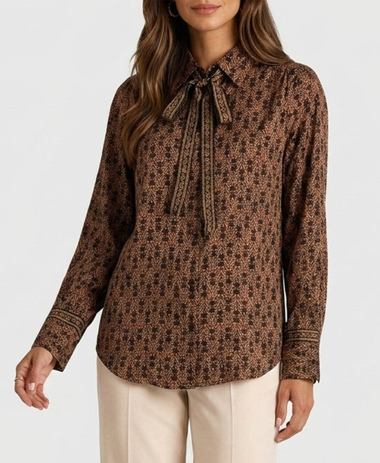 
Printed Blouse w/ Front Tie in BROWN MULTI view 1