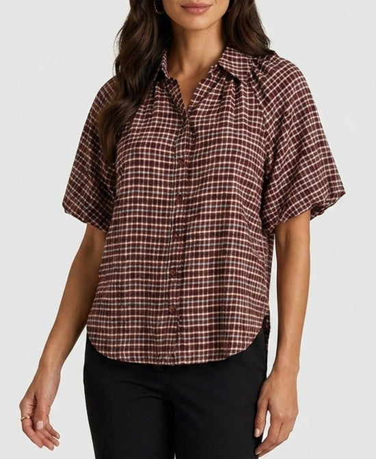 
Plaid Puff Sleeve Blouse in RUST/NAVY view 1