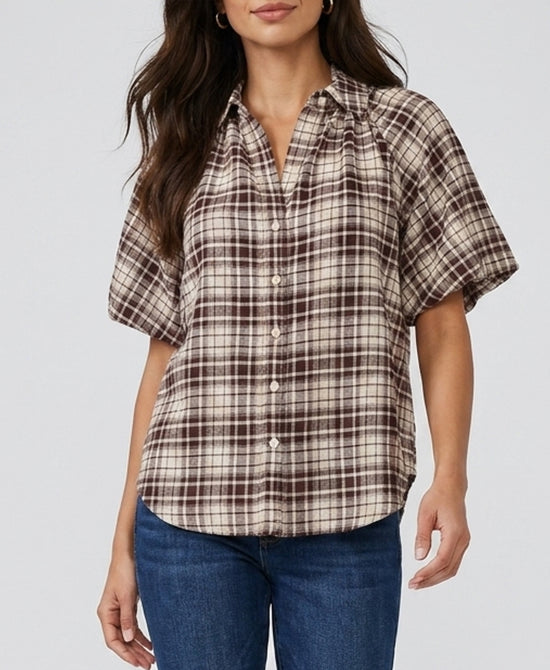 
Plaid Puff Sleeve Blouse in CREAM/BROWN view 1
