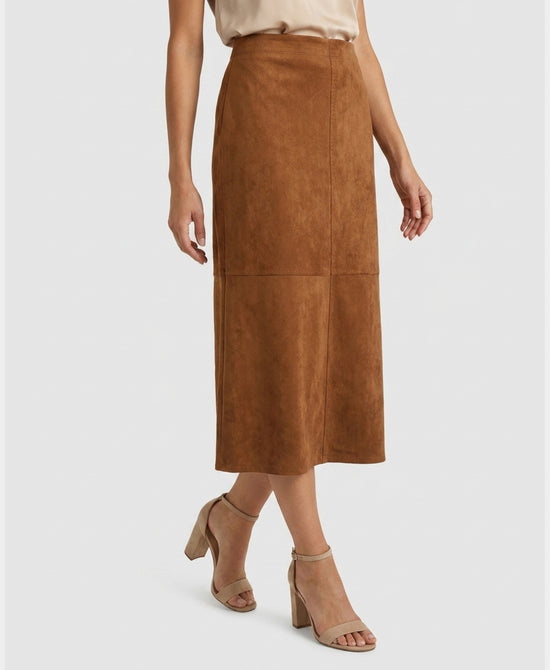 
Faux Suede A-Line Midi Skirt in BROWN view 1