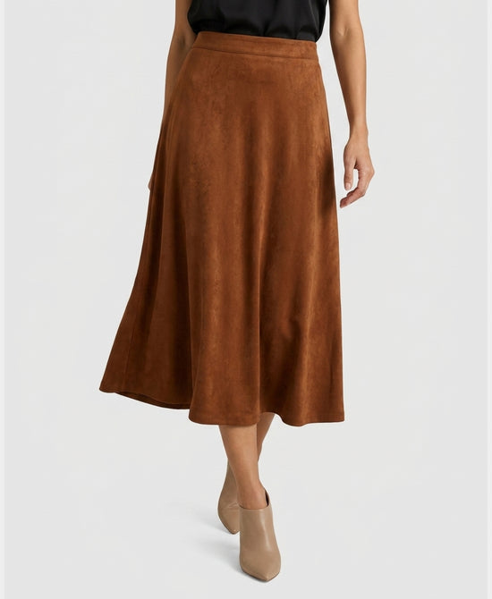 
Faux Suede Box Pleated Midi Skirt in BROWN view 1