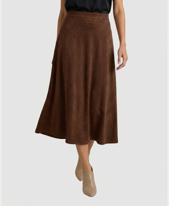 
Faux Suede Box Pleated Midi Skirt in DARK BROWN view 1