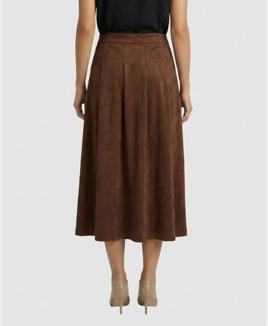 
Faux Suede Box Pleated Midi Skirt in DARK BROWN view 2