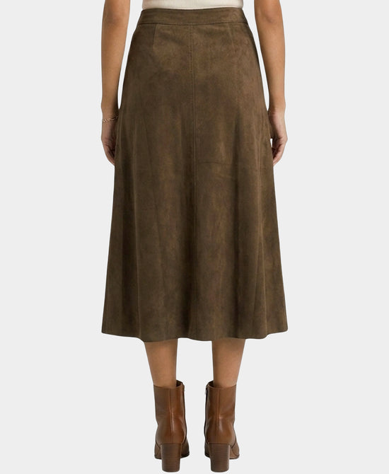 
Faux Suede Button Midi Skirt in OLIVE BROWN view 2
