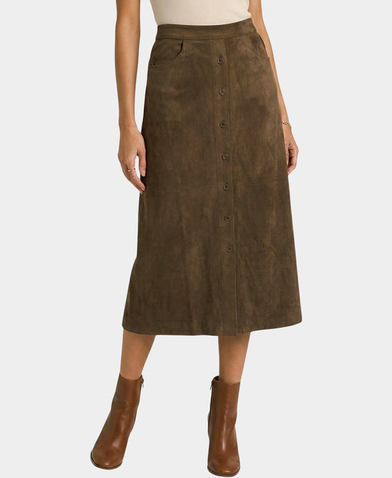
Faux Suede Button Midi Skirt in OLIVE BROWN view 1