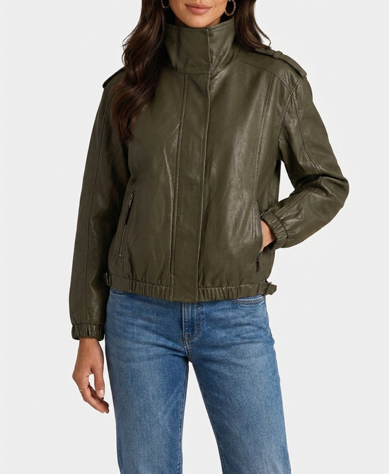 
Faux Leather Bomber Jacket in OLIVE view 1