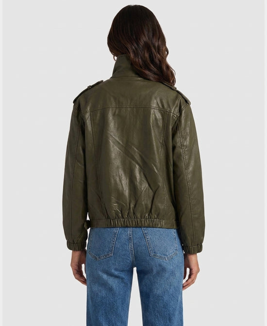 
Faux Leather Bomber Jacket in OLIVE view 2