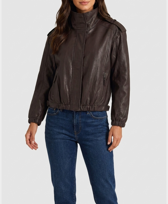
Faux Leather Bomber Jacket in DARK BROWN view 1