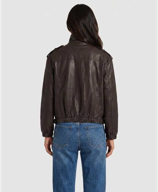 
Faux Leather Bomber Jacket in DARK BROWN view 2