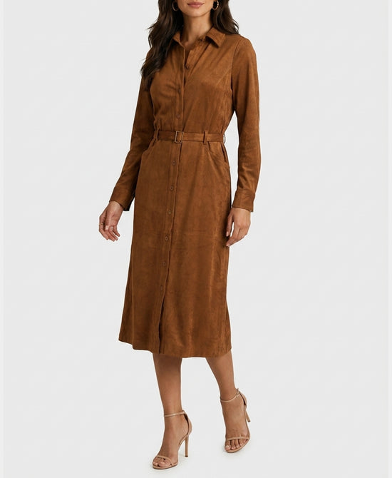 
Faux Suede Midi Shirt Dress in BROWN view 1