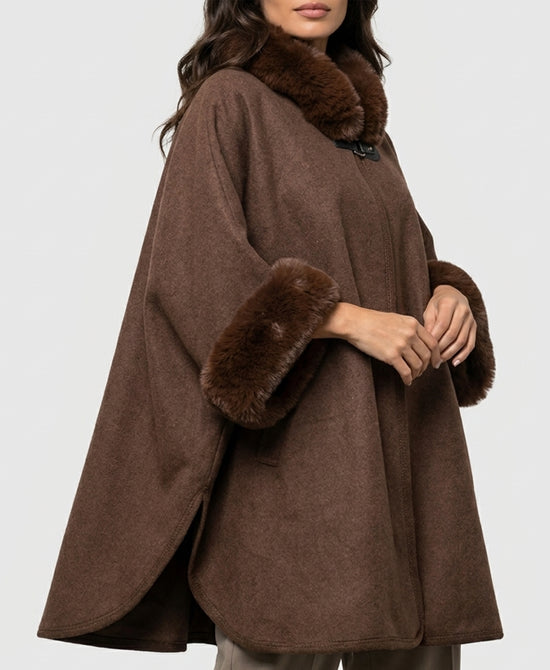 
Cape w/ Faux Fur Trim & Hood in BROWN view 1
