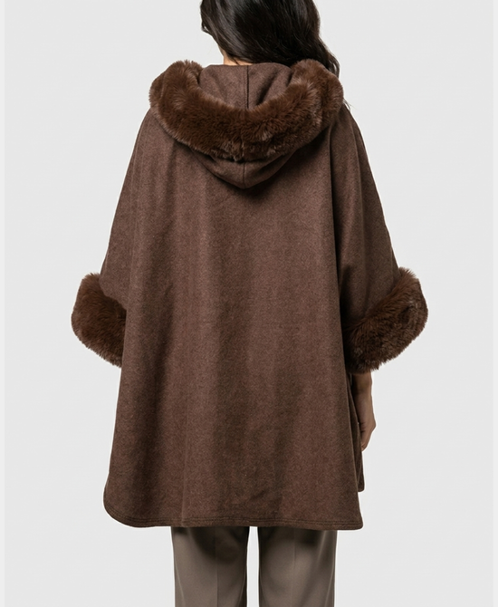 
Cape w/ Faux Fur Trim & Hood in BROWN view 2