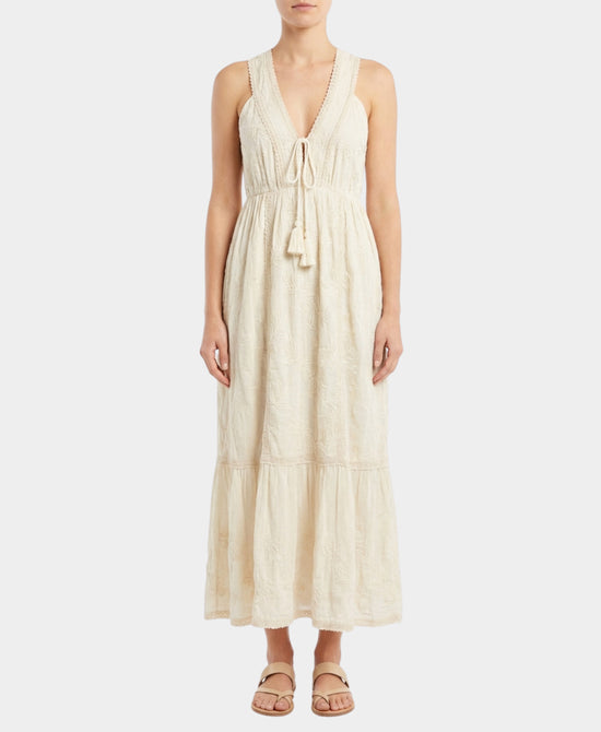 Embroidered Flower Maxi Dress w/ Crochet Trim view 1