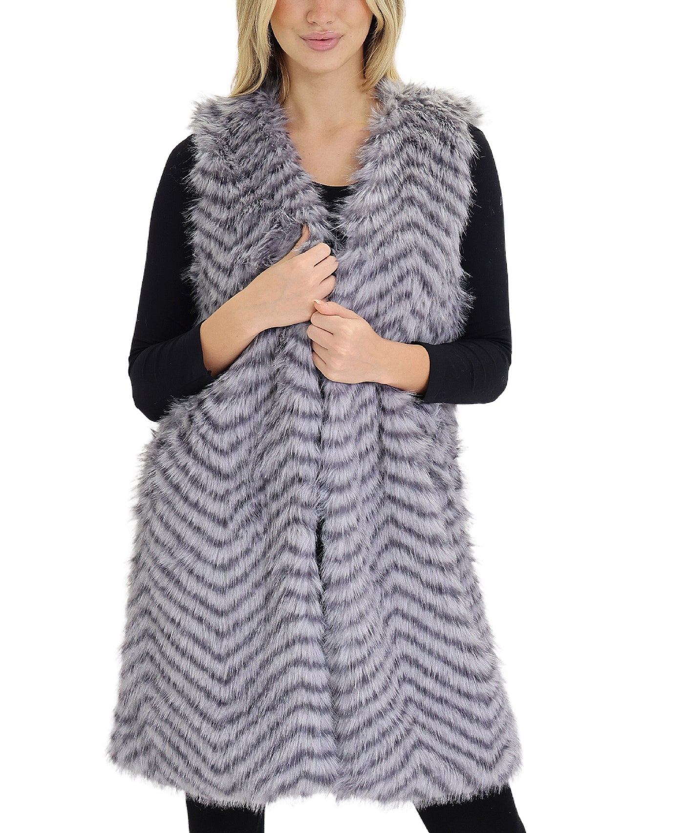 Chevron Printed Faux Fur Vest view 1