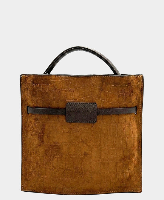 
Faux Suede Croc Print Buckle Handbag in BROWN view 2