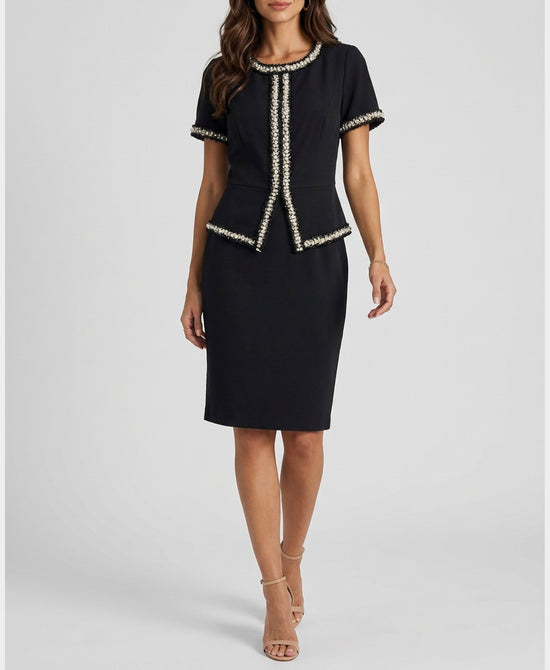 
Sheath Midi Dress w/ Tweed & Pearl Detail in BLACK view 1