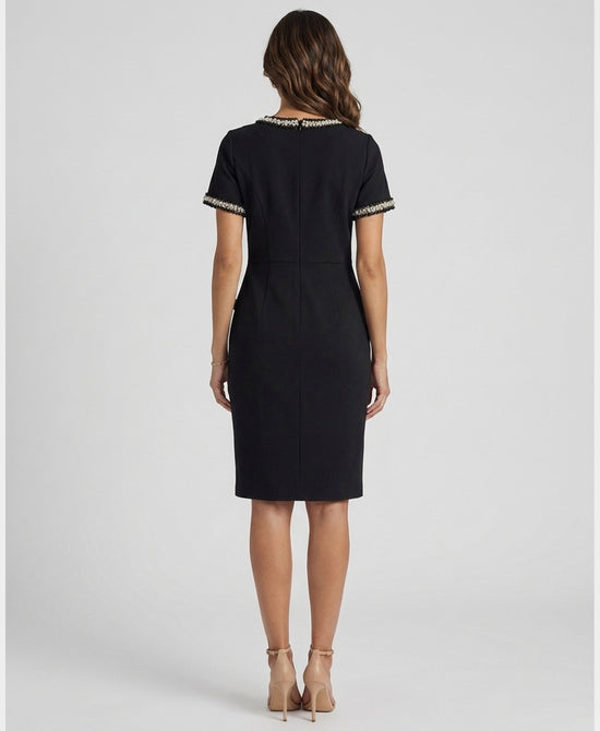 
Sheath Midi Dress w/ Tweed & Pearl Detail in BLACK view 2